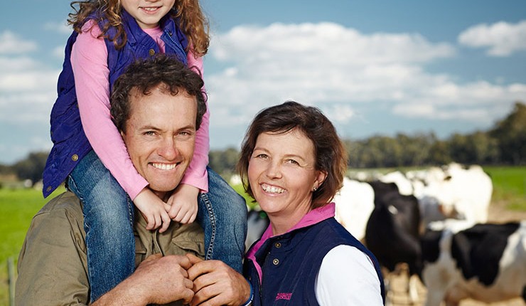 A family standing in front of cows