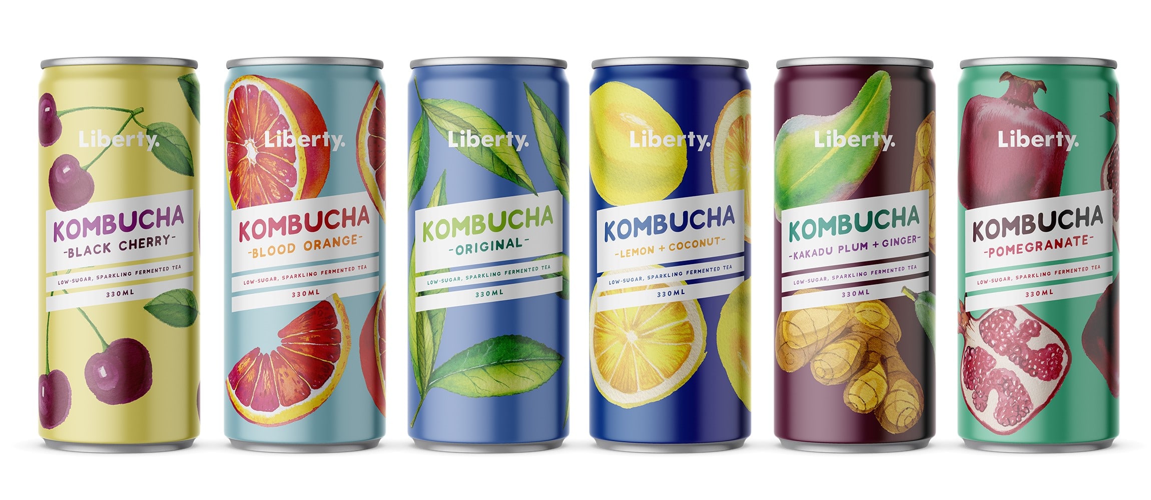 Liberty Kombucha cans in a variety of flavours