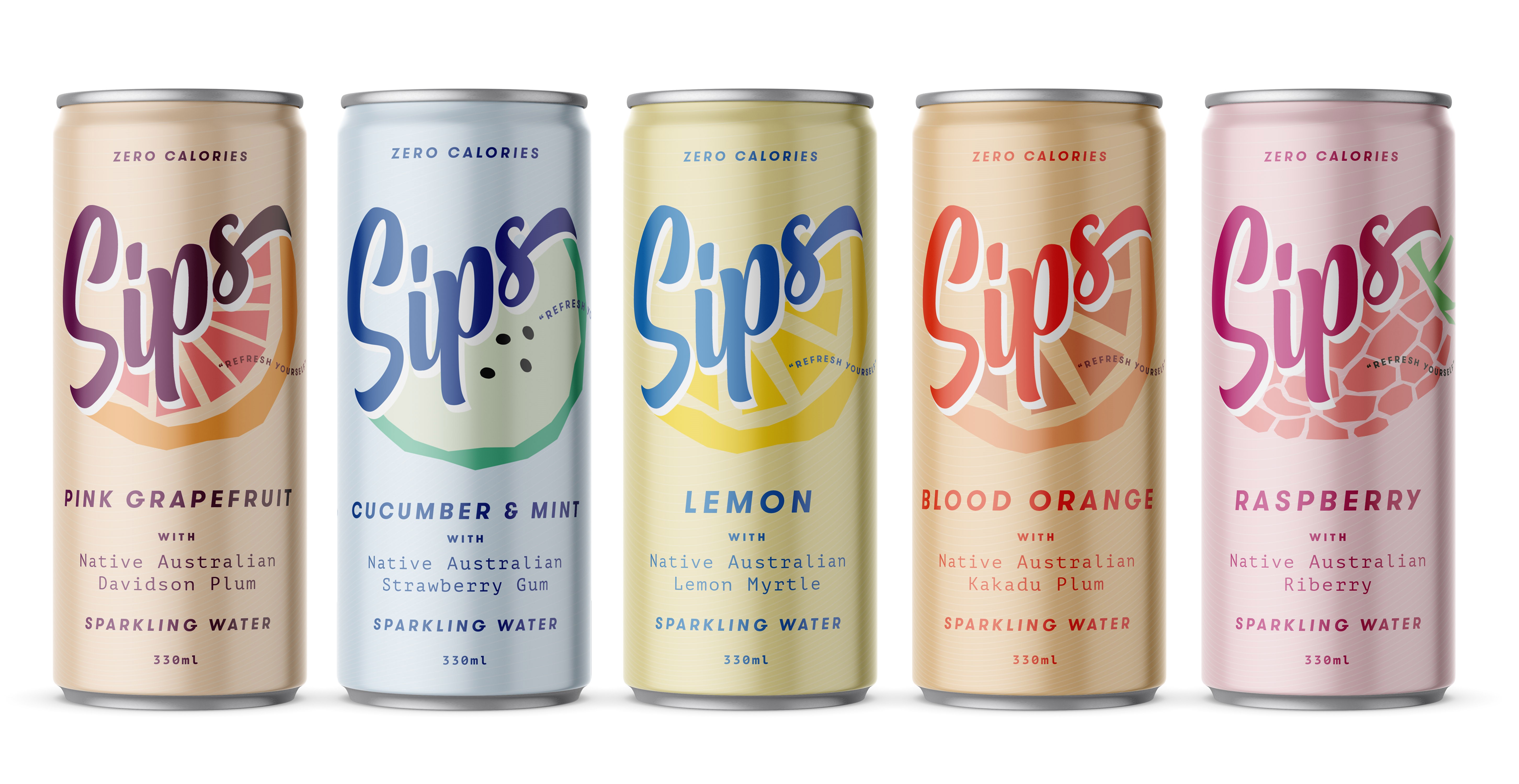 Cans of Sips sparkling water in pink grapefruit, cucumber & mint, lemon, blod orange, and raspberry